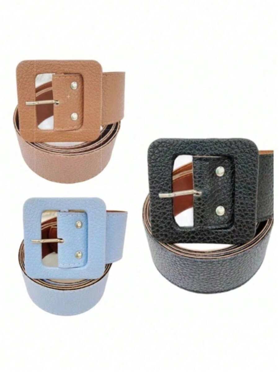 KIT 03 Women's Belts Colorful Leather Square Buckle HL111 - 黑色/棕色/淡藍色 - 查看 1