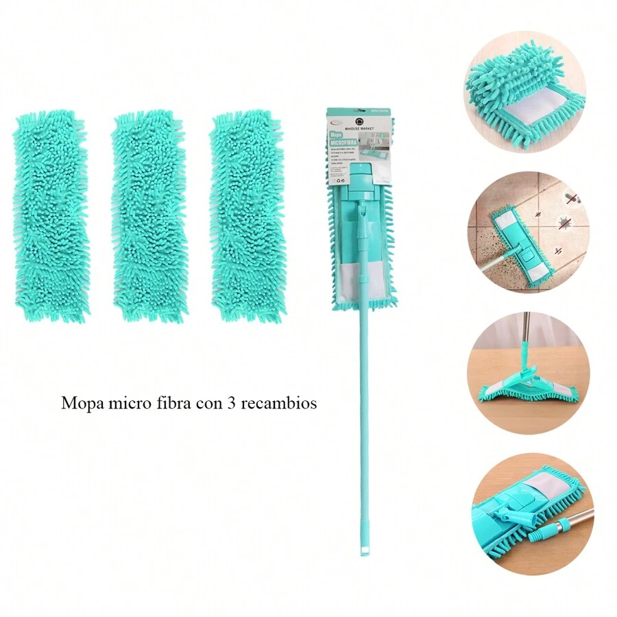 Mopa microfibra lavable con 3 recambios para limpieza profunda Trapeador de microfibra con mango de hierro ajustable Mopa de microfibra absorbente con cabezal giratorio  Mopa de microfibra de alta calidad en oferta 42*12*120cm - Verde - Ver 1