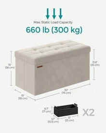 Otomana de almacenamiento, banco de almacenamiento de terciopelo plegable, 2 cajas de almacenamiento adicionales, 15 X 30 X 15 pulgadas, capacidad de carga de 660 libras, para entrada, sala de estar, dormitorio, gris pizarra para almacenamiento de dormitorios universitarios - Blanco - Ver 4
