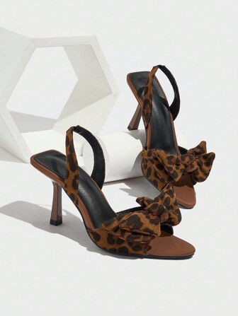 女士蝴蝶结装饰尖头细高跟鞋弹性后绑带露趾凉鞋，适合派对、日常穿着、婚礼、聚会、休闲度假、优雅通勤、夏季、时尚仿麂皮豹纹棕色高跟凉鞋，优雅女士高跟凉鞋，秋季、感恩节、圣诞节