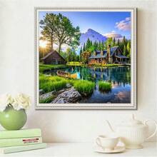 5D DIY 钻石画套件风景主题 | 圆钻钻石艺术 | 初学者友好型帆布马赛克工艺品 | 风景湖泊和小屋十字绣 | 家居装饰礼物 - 多种尺寸可选