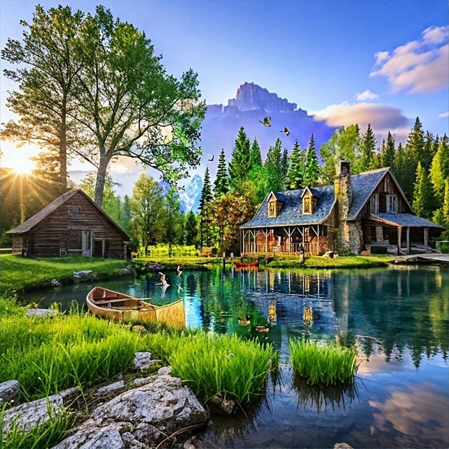 5D DIY 钻石画套件风景主题 | 圆钻钻石艺术 | 初学者友好型帆布马赛克工艺品 | 风景湖泊和小屋十字绣 | 家居装饰礼物 - 多种尺寸可选