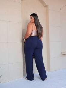 Plus Size Tailored Wide Leg Pants - Màu xanh hải quân - Xem 2