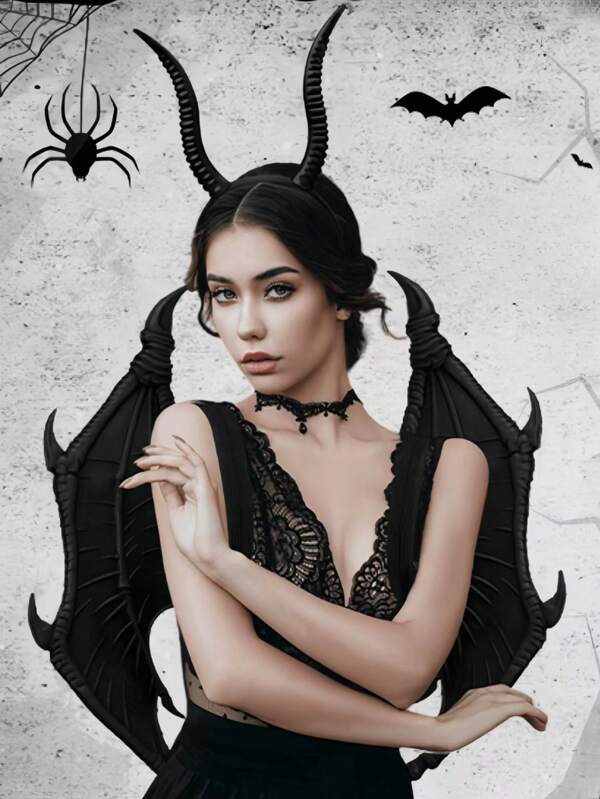 2 peças/conjunto de tiara de chifre longo de bruxa do diabo preto, asa de dragão viking gótico, máscara facial de cabra de espuma de PU, adereços de performance de palco de carnaval de Halloween, baile de formatura
