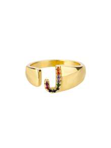 1 Pc Fashion Colorful Zirconia A-Z Letter Ring For Women Gold Color Stainless Steel Geometric Open Initial Ring Wedding Engagement Jewelry Party Gift