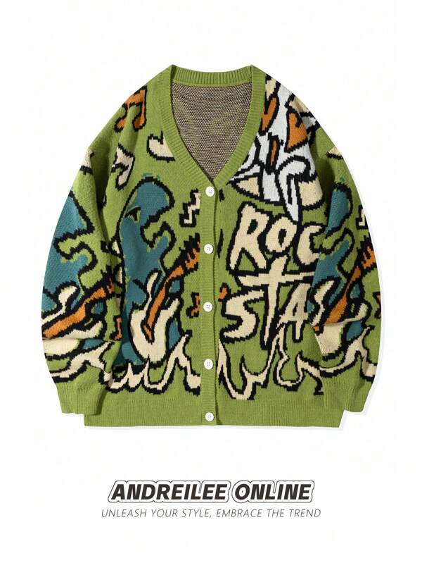 Unisex Casual Loose Fit V-Neck Knitted Sweater With Dinosaur Cartoon Letters Print, Suitable For Spring, Autumn And Winter