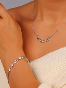 1 bộ trang sức vòng cổ và vòng tay bạc Sterling 925 mạ bạch kim hình cá heo dễ thương bằng pha lê Zirconia, thích hợp cho bạn bè, hàng ngày, công việc, mặc đi nghỉ - Bạc - Xem 1