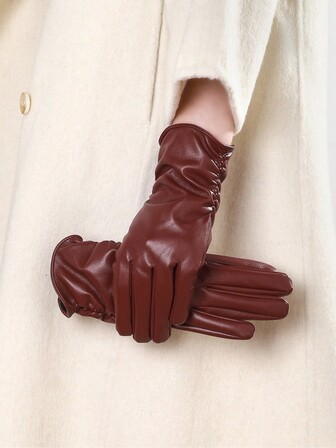 1 Pair Solid Color Street Style PU Leather Quilted Women's Faux Leather Gloves, Fashionable Warm Waterproof For Going Out, Dates In Winter, Suitable For Christmas And Halloween With Thermal Lined