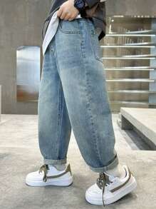 Tween Boy 夏季休闲洗水宽松牛仔裤，日常时尚风格