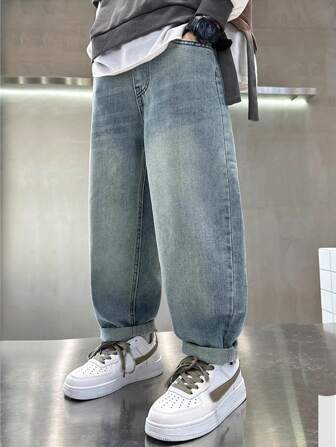 Tween Boy 夏季休闲洗水宽松牛仔裤，日常时尚风格