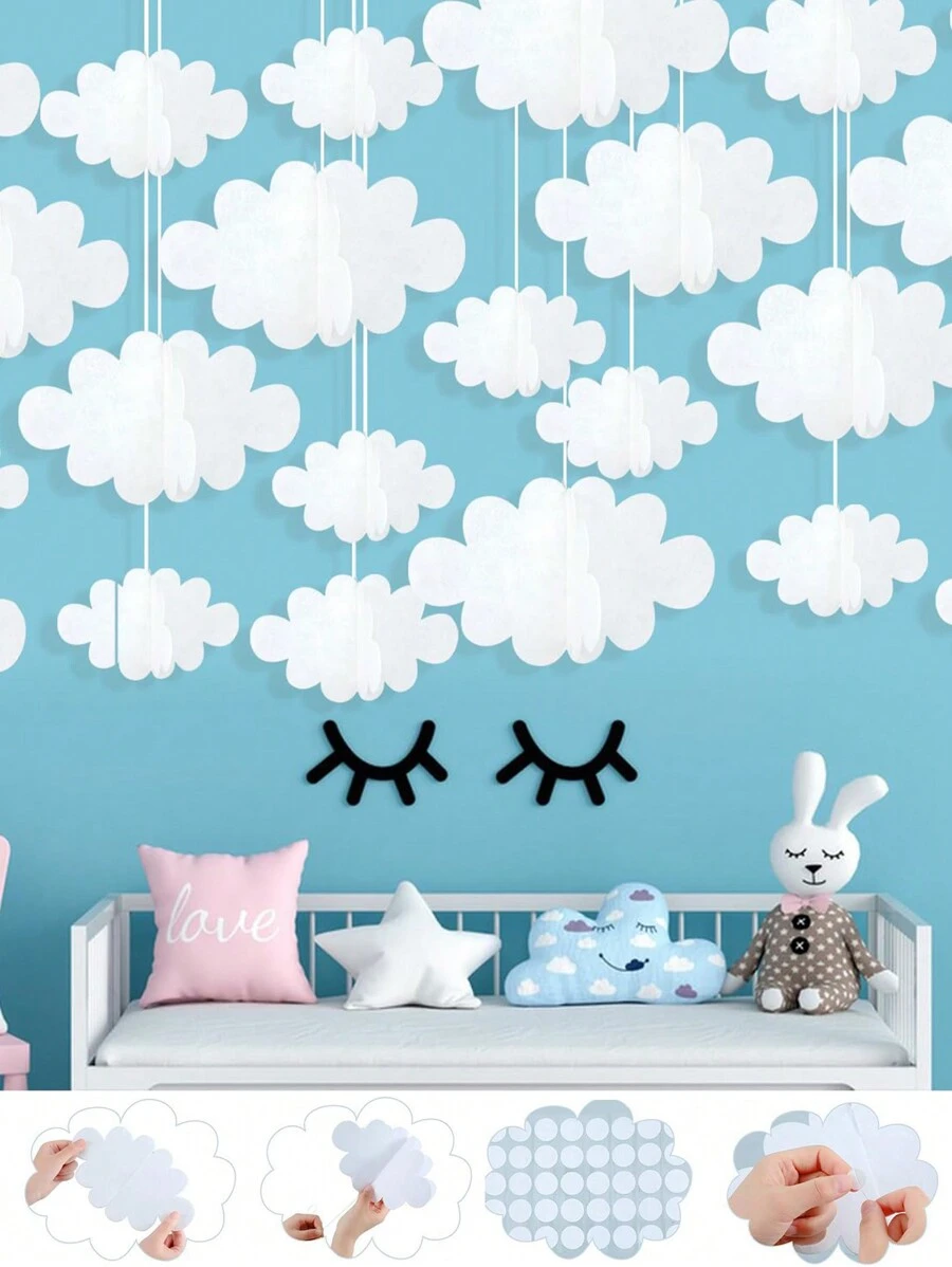 16 piezas Decoración colgante de nubes 3D de fieltro, adecuado para techo, decoración de pared, accesorios de nubes artificiales, aplicable para cumpleaños, fiesta de boda, escenario artístico, techo, baby shower, decoración del hogar - Blanco - Ver 1