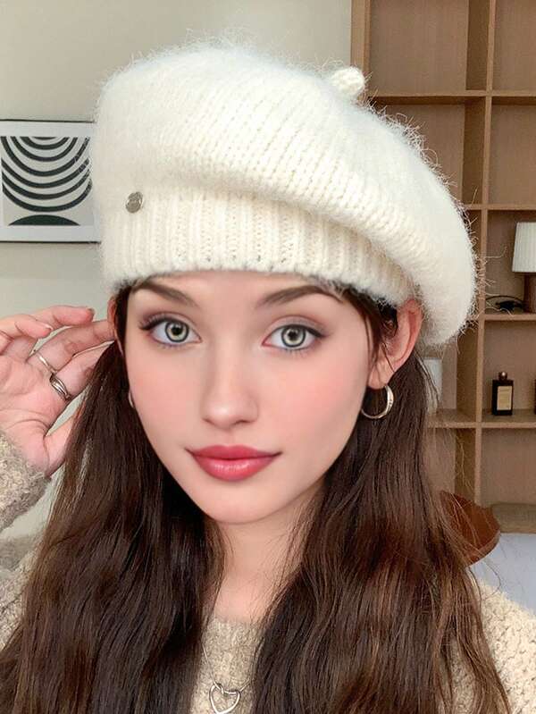 1pc Women Fluffy Knitted Beret Hats, Solid Color Knitted Painter Cap/Newsboy Caps, Suitable For Autumn And Winter Everyday Use, Washable By Hand But Not Machine