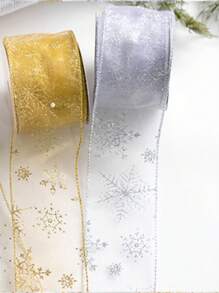 1pc Christmas Decor Sheer Organza Ribbon With Metallic Printed Snowflake Pattern, Powder Edge, Silver Wired Bow,Christmas Valentine Day