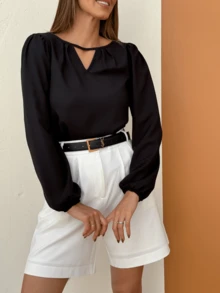 Shein Keyhole Neck Lantern Sleeve Princess Blouse With Elastic - 黑色 - 查看 6