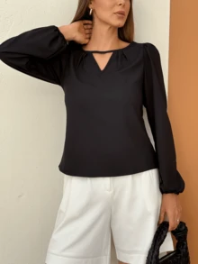 Shein Keyhole Neck Lantern Sleeve Princess Blouse With Elastic - 黑色 - 查看 5