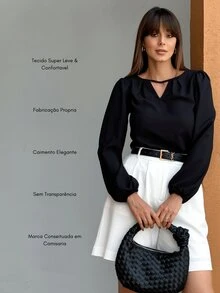 Shein Keyhole Neck Lantern Sleeve Princess Blouse With Elastic - 黑色 - 查看 4