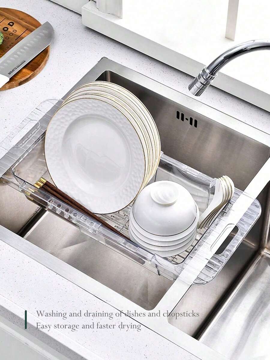 1 件装伸缩水槽篮多功能水果蔬菜洗菜篮沥水碗碟架塑料收纳架 - 無色 - 查看 1