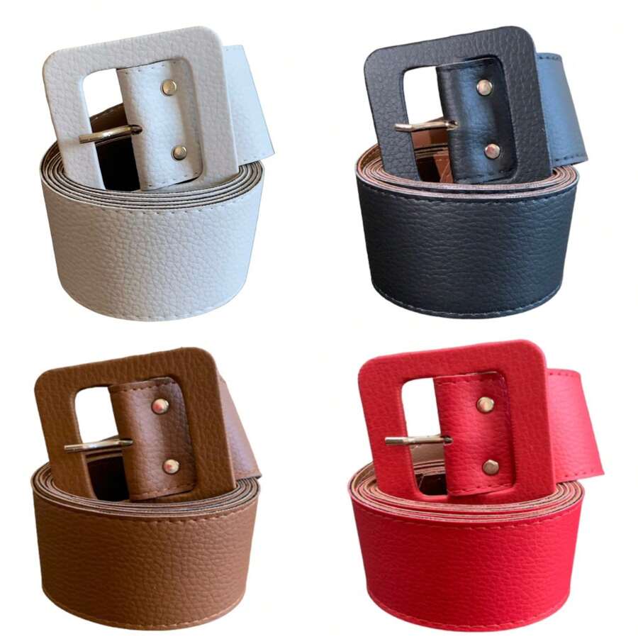 Kit Of 4 Women's Retro Belts Square Buckle Wide Women's Fashion Minimalist Elegance 1.10 Cm - Trắng-Đen-Caramel-Cam - Xem 1