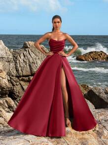 Faeriesty Elegantes Damen Abendkleid mit geraffter Taille und hohem Schlitz - Frühlings-/Sommer-Abendkleid für Hochzeiten, Galas, rote Teppich-Events, Partykleider, Hochzeitsgast-Kleider, Sommerurlaubs-Outfits