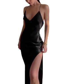 Vintage Split Dress For Womens Sleeveless Spaghetti Strap Deep V Neck Solid Color Summer Flowy Maxi Sundress - 黑色 - 查看 1
