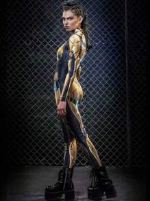 秋季骷髅数码印花修身长袖连体裤套装，派对礼服 - 黃色 - 查看 3