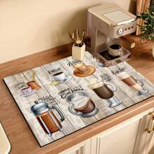 1 pieza Decoración del hogar, Alfombra absorbente de drenaje para máquina de café, Almohadilla de secado de vajilla de mostrador, Alfombrilla de lugar de cocina de diatomita, Alfombrilla de secado de platos con impresión de café, Alfombrilla de drenaje lavable antideslizante, Adecuada para la cocina y la cafetería