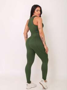 Leggings + Racerback Top Set Reinforces Feminine Disguises Cellulite High Waist Enhances Reinforced Stitching - xanh quân đội - Xem 4