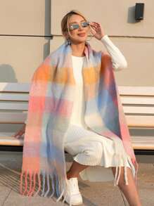 1pc Autumn/Winter New Women's Imitation Cashmere Checkered Thicken Tassel Scarf, Extra Long And Soft, Warm And Fashionable For Travel And Daily Christmas