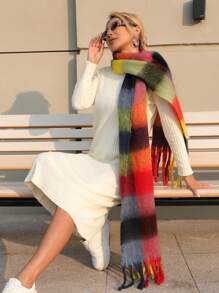 1pc Autumn/Winter New Women's Imitation Cashmere Checkered Thicken Tassel Scarf, Extra Long And Soft, Warm And Fashionable For Travel And Daily Christmas