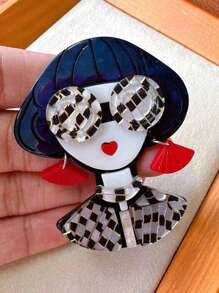 1pc Women Personalized Girl Wearing Glasses Acrylic Brooch, Portrait Style Pin For Jackets, Backpacks