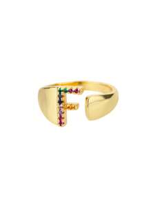 1 Pc Fashion Colorful Zirconia A-Z Letter Ring For Women Gold Color Stainless Steel Geometric Open Initial Ring Wedding Engagement Jewelry Party Gift
