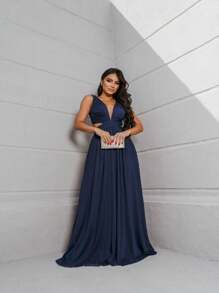 Cross-Over Dress For Graduates And Bridesmaids. - Navy Blue - View 2