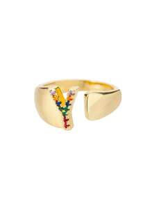1 Pc Fashion Colorful Zirconia A-Z Letter Ring For Women Gold Color Stainless Steel Geometric Open Initial Ring Wedding Engagement Jewelry Party Gift