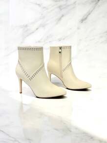 RevReaL Rivet Decor High Heel Ankle Boots - Black/Beige Fashion Pointed Toe Stiletto Boots - Beige - View 2