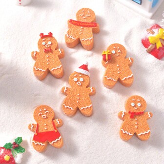 6pcs/3sets/13pcs Christmas Lovely Gingerbread Man Micro Landscape Snow Ornaments, DIY Cartoon Christmas Resin Small Accessories Mini Gifts