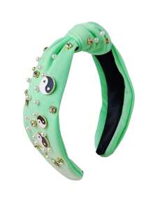 1 pieza Aro para el cabello con tela con motivo de Tai Chi y strass, accesorio de cabello versátil y personalizado estilo europeo y americano con nudo, adorno superior de calavera y cuenta