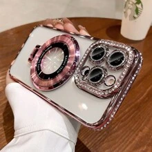 1 Ốp bảo vệ ống kính trang trí bằng đá Rhinestone sang trọng + Giá đỡ họa tiết CD tương thích với iPhone 15 14 13 12 Pro Max 14 15 Plus 11 - Hồng - Xem 1