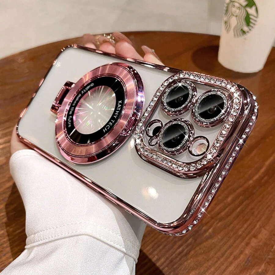 1 Ốp bảo vệ ống kính trang trí bằng đá Rhinestone sang trọng + Giá đỡ họa tiết CD tương thích với iPhone 15 14 13 12 Pro Max 14 15 Plus 11 - Hồng - Xem 1