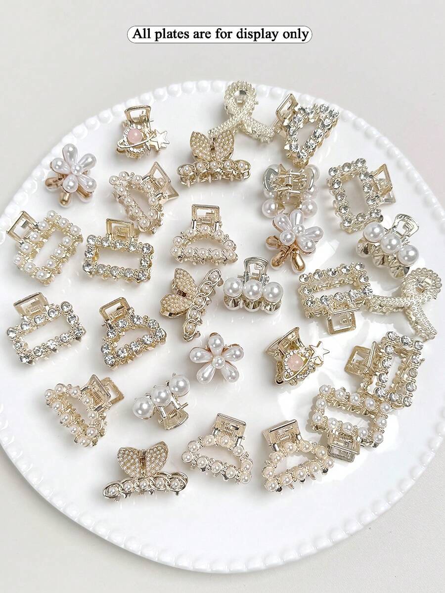 3/6/8/10pcs Random Alloy Small Claw Clips With Crystal Hair Clips For Girls - Multicolor - View 1