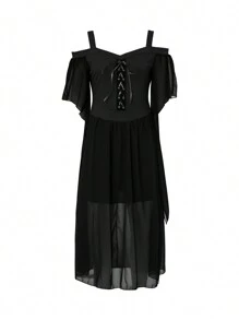 Female Plus Size Off Shoulder Dress, Halloween Boat Neck Fly Sleeve One-Piece For Ladies, L/XL/XXL/XXXXL/XXXXXL