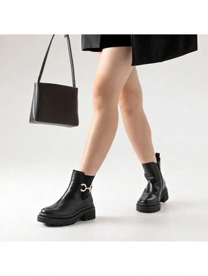 Botines de Mujer  Botas Negras Mujer,Botas De Tacón Grueso Para Mujer con Cierre y Hebilla de Metal,Diseño Con Cierre De Cremallera Lateral