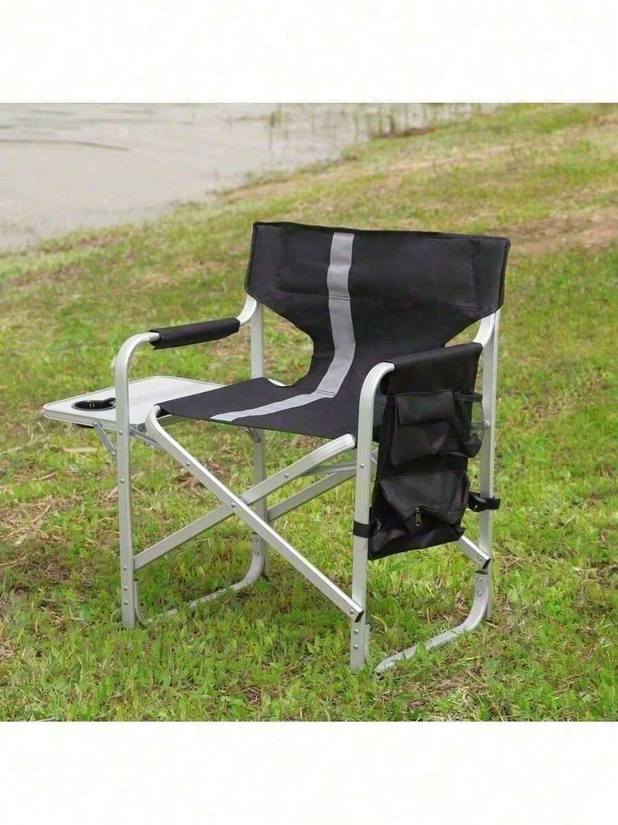 1-Piece Padded Folding Outdoor Chair With Side Table And Storage Pockets,Lightweight Oversized Directors Chair For Indoor, Outdoor Camping, Picnics And Fishing,Black/Grey - 黑+灰+鋁-1 - 查看 1