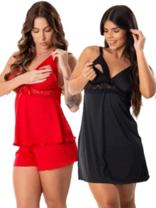 Nursing Nightgown With Baby Doll For Pregnant Women Easy Open Click Maternity Pajamas Kit Pregnant Fashion - 紅色 - 查看 1