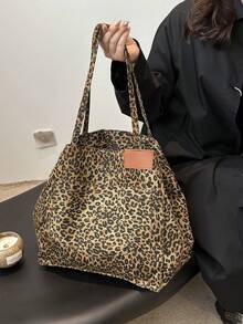大容量豹纹时尚单肩包，简约个性女士手提包，适合购物和旅行 - 棕色 - 查看 4