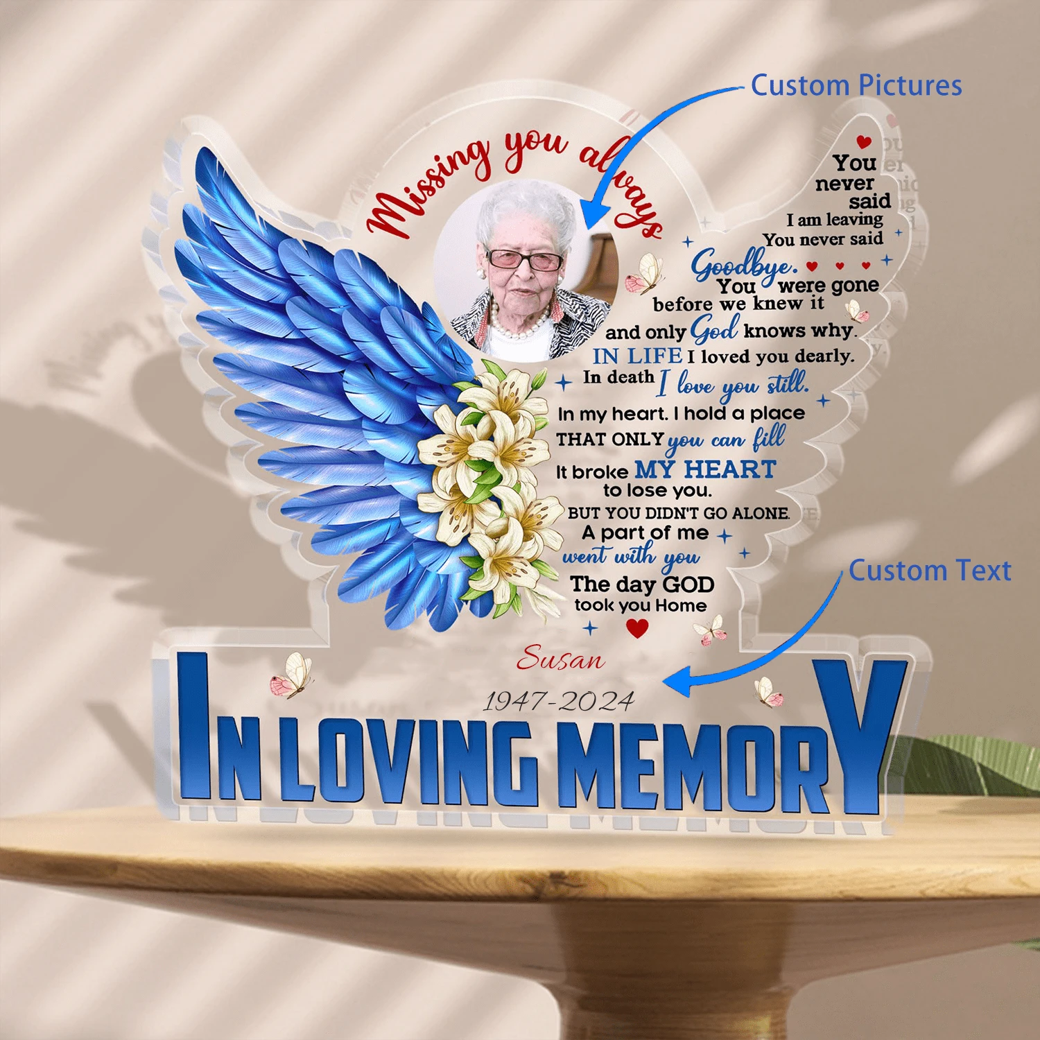 为失去亲人的家庭提供个性化纪念礼物，充满爱意的回忆桌装饰吊唁牌，带有照片，纪念同情亚克力牌匾，为失去妈妈爸爸提供丧亲礼物 - 彩色 - 查看 1