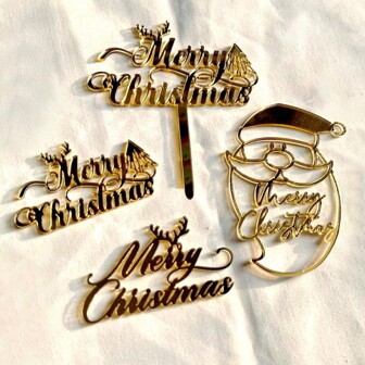 4 件圣诞金色亚克力蛋糕装饰，适用于圣诞派对蛋糕装饰 DIY 用品