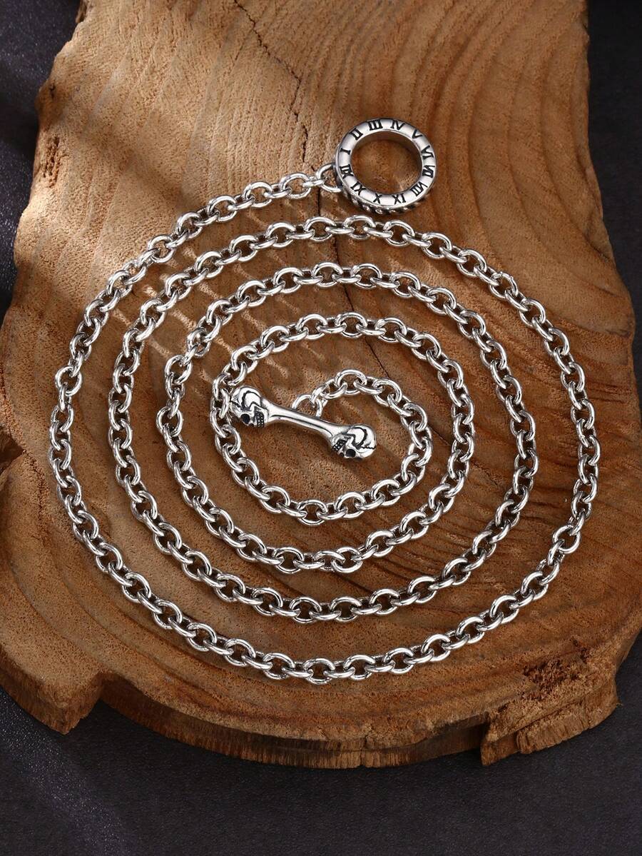 1 件 925 纯银复古做旧时尚 O 形环链罗马数字吊坠项链，适合男士日常佩戴 - 復古銀色 - 查看 1