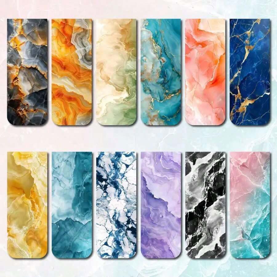 12pcs Assorted Marble Design Magnetic Bookmarks - Page Markers For Readers, Students, Teachers & Office Use Back To School