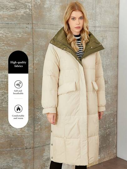 女士米色长袖连帽休闲长款棉服外套，冬季外套