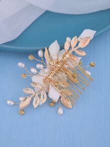 1pc Elegant Floral Side Hair Comb, Shiny Flower Print Elegant Bohemian Copper Alloy Bridal Headpiece, All Season, Hair Accessories - Vàng - Xem 7